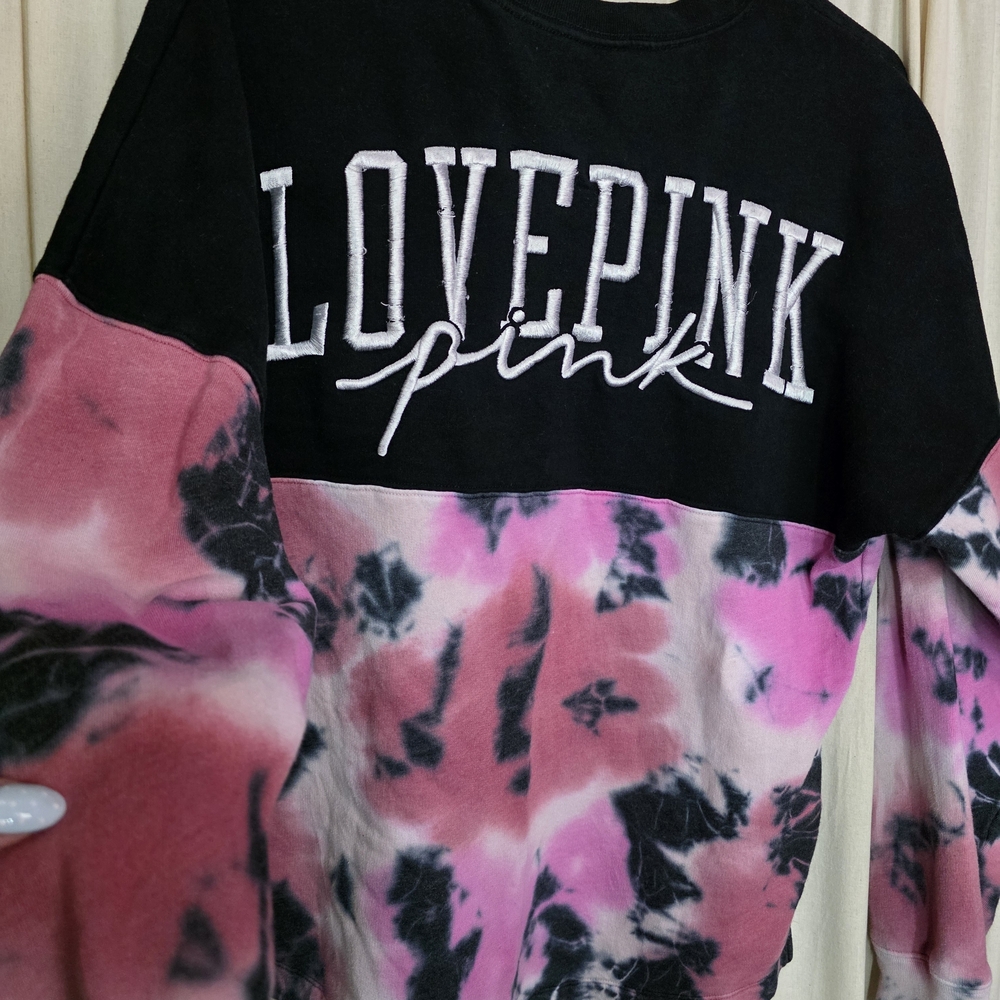 PINK Victoria's Secret Black and Pink Tie-Dye Crewneck Sweatshirt